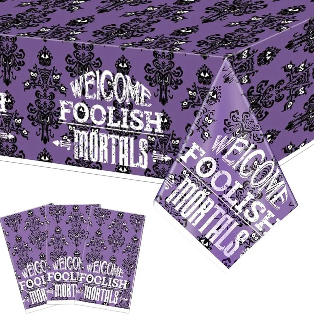 Halloween Plastic Tablecloths New Welcome Foolish Mortals Set of 2 Purple Black